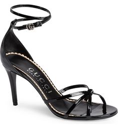 Glossy Ankle Strap Sandals For Evening, Glossy Finish Ankle Strap Sandals For Evening, Elegant Glossy Evening Sandals, Elegant Evening Sandals With Glossy Finish, Luxury Single Strap Sandals For Evening, Glamorous Patent Leather Heels With Ankle Strap, Elegant Gucci Sandals For Evening, Chic Gucci Sandals With Single Toe Strap, Gucci Ankle Strap Sandals For Formal Occasions