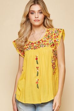 We love the vibe of this gorgeous embroidered top. It features a round neckline, colorful embroidery, flutter sleeves and a relaxed a-line fit. Pair this up with skinny jeans and booties for a chic look! Small Bust 38" L 24" : Medium Bust 40" L 24" : Large Bust 42" L 24" 1X Bust 48" L 27" : 2X Bust 50" L 27" : 3X Bust 52" L 27" 100% Rayon - no stretch Hand wash cold Flare Maxi Skirt, Floral Embroidered Top, Embroidery Neck Designs, Black Bridesmaid Dresses, Embroidery On Clothes, Embroidered Clothes, Woven Top, Floral Stripe, Embroidered Top