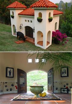 two pictures side by side one has a dog house and the other has a fountain