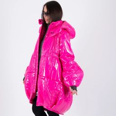 Hot Pink Coat With Long Wide Sleeves And 2 Pockets. *The Coat Has A Lining. Very Warm Coat. Hot Pink Coat, Shiny Clothes, Pink Coat, Warm Coat, Wide Sleeves, Hottest Trends, Pink Ladies, Hot Pink, Puffer