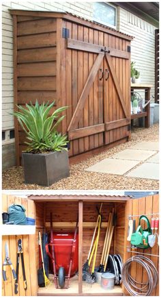 two pictures side by side showing the inside and outside of a shed with tools in it