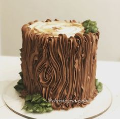 there is a cake that looks like a tree stump with leaves on it and frosting