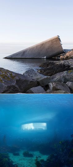 an underwater view of the ocean with rocks and water surrounding it, and another image of a sunken boat in the sea