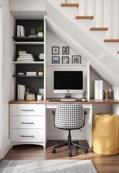 Staircase Storage Under Stairs Tiny House Stair Storage, Built In Desk Under Stairs, Under Stairs Desk Ideas Small Office, Table Under Staircase, Under Stairs Study, Above Stairs Storage, Office Under Staircase, Under Stair Office, Library Under Stairs