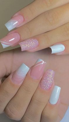 Fake Nails Designs, Pink Glitter Nails, Manicure Nail Designs, French Tip Nail Designs, Blue Acrylic Nails, Fancy Nails Designs, Short Square Acrylic Nails, Beautiful Nail Designs, Square Acrylic Nails