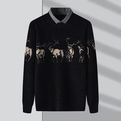 Wiaofellas Men's Deer Print Vintage Sweaters Autumn New Men Knitted Sweater Male Oversized Pullovers Hip Hop Harajuku Knitwear Clothes window.adminAccountId=2674464421; Black Crew Neck Sweater For Cold Weather, Gray Polo Sweater For Winter, Gray Long Sleeve Polo Sweater For Winter, Black Knit Crew Neck Polo Sweater, Black Polo Sweater For Winter, Casual Black Christmas Sweater, Casual Black Knitted Polo Sweater, Black Knit Polo Sweater, Black Long Sleeve Polo Sweater For Winter