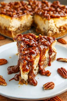 a piece of pecan cheesecake on a white plate with pecans around it