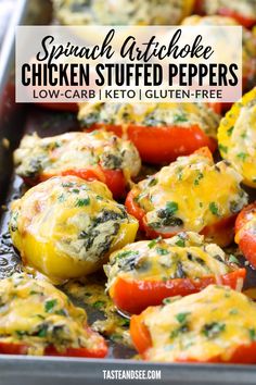 spinach artichoke chicken stuffed peppers in a baking pan with text overlay