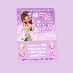 a flyer for a birthday party with a doll on the front and stars in the background