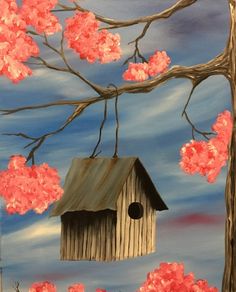 a painting of a birdhouse with pink flowers on the tree and blue sky in the background