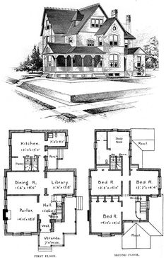 an old house with two floors and three stories, the first floor is in black and white