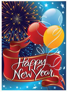 happy new year greeting card with balloons and fireworks