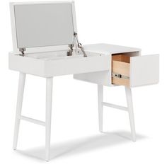 a white desk with drawers and a mirror on it's side, against a white background