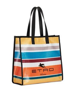 stripe-print tote bag from ETRO featuring horizontal stripe print, logo print to the front, two long top handles, main compartment, multicolour and cotton/calf leather. Size Info UNI Color Detail MultiColour Made In Italia Material Outer: Calf Leather 100%, Nylon 70%, Polyurethane 30% Lining: Cotton 100% Season One Spring-Summer Season Two Spring-Summer Product bags.. Brand Etro Size And Fit Width 16,65 in / 42,3 cm Height 1,65 in / 4,2 cm Depth 7,28 in / 18,5 cm Handle 10,63 in / 27 cm Striped Tote Bag, Men's Totes, Latest Bags, Nylon Tote Bags, Nylon Tote, Shopper Bag, Print Tote, Black Tote Bag, Printed Tote Bags