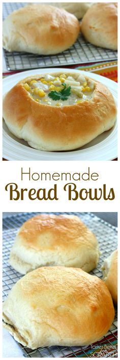 homemade bread bowls with corn and cheese in them