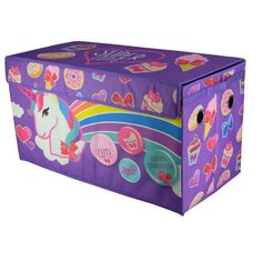 a purple toy box with unicorns and hearts on the lid, sitting in front of a white background