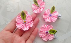 Bright, cheerful, colorful Easter hair clips with cherry blossom flowers will be a beautiful gift for a lady of any age!       Handmade with satin  ribbons and decorated with embellishment, these Bright Hair Flowers will bring a smile to your face.     They can be a nice hair piece for flower girl, for photo shooting session, Easterg party or any other occasion.  SIZE:  4 cm / 1.5 inches in diameter NOTE: The flowers can be attached to  small bar pins or hair ties at your request.  SHIPPING: Rea Cherry Blossom Hair, Pink Hair Accessories, Easter Hair Bows, Small Bar, Nice Hair, Spring Hair, Hair Flowers, Easter Hair Bow, Bright Hair