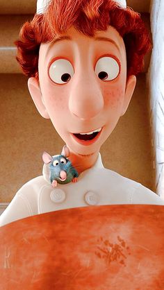 a cartoon character with red hair holding a mouse