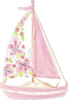 a drawing of a sailboat with pink flowers on it's front and side