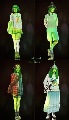 four different images of the same person in green clothing and hat, with text that reads lookbook by dit