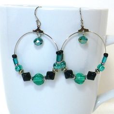 Teal & Black Beaded Hoop #Earrings by #9ElizabethStreet on #Etsy Green Hoop Beaded Earrings With Ear Wire, Green Beaded Hoop Earrings With Ear Wire, Green Hoop Earrings With Dangling Beads, Black Hoop Earrings, Hoop Earrings Large, Black Hoops Earrings, Earrings Beaded, Beaded Hoop Earrings, Beaded Hoops