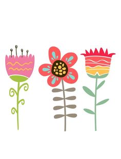 three flowers are shown in different colors and designs on a white background, one is pink, the other is green