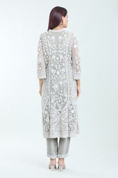 Grey straight kurta with white dori floral, paisley and sequin embroidery. Comes with matching embroidered dupatta and embroidered hem pant. - Aza Fashions Luxury Unstitched Gray Kurta, Luxury Gray Unstitched Kurta, Luxury Silver Designer Kurta, Luxury Gray Festive Kurta, Luxury Silver Kurta For Party, Luxury Silver Bollywood Kurta, Elegant Silver Luxury Kurta, Luxury Elegant Silver Kurta, How To Hem Pants