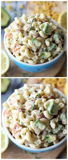 two pictures show different types of macaroni salad in blue bowls with lemon wedges on the side