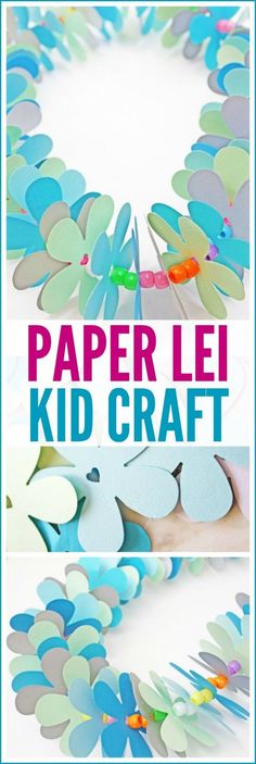 some paper flowers are arranged in the shape of a wreath with text overlay that says paper lei kid craft