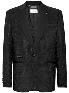 jet black monogram pattern crystal embellishment appliqué logo notched lapels front button fastening long sleeves buttoned cuffs jetted chest pocket two front welt pockets central rear vent Luxury Black Single Breasted Blazer, Luxury Single-breasted Black Blazer, Luxury Black Single-breasted Blazer, Luxury Blazer With Hidden Button Closure, Luxury Black Blazer With Lapel Collar, Embroidered Skull, Skull Bones, Monogram Pattern, Peak Lapel