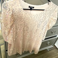 Xl Express Sequin Top With 3/4 Sleeves Beige Short Sleeve Party Top, Cream Beige Color, Country Decorating, Cream Beige, French Country Decorating, Sequin Top, Beige Color, French Country, Sequin