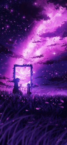 two people sitting in the grass under a purple sky with stars and clouds above them