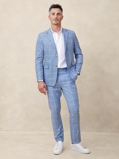 Tailored-Fit Windowpane Suit Trouser | Banana Republic Factory Fun Suits Men, Beach Formal Men, Blue Wedding Guest Outfits, Checkered Pants Outfit, Summer Cocktail Attire, Wedding Guest Outfit Men, Welcome Cocktail, Prep Outfits