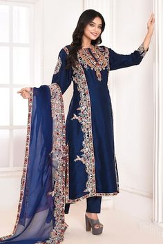 Navy blue straight kurta with multi color floral bloom embroidery. Paired with a pant and dupatta with floral embroidered border. - Aza Fashions Elegant Embroidered Salwar Kameez With Straight Pants, Blue Pants With Resham Embroidery For Festive Occasions, Festive Blue Pants With Resham Embroidery, Festive Blue Pants With Floral Embroidery, Designer Embroidered Fitted Pants, Blue Pants For Festive Eid Celebration, Festive Blue Pants For Eid, Blue Traditional Festive Pants, Traditional Blue Pants For Festive Occasions