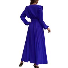 Blue V Neck Pleated Tie Waist Swing Maxi Dress Blue Solid Color Maxi Dress For Fall, Blue Pleated Maxi Dress For Fall, Blue Maxi Dress For Formal Fall Occasions, Blue Formal Maxi Dress For Fall, Blue Pleated Long Sleeve Midi Dress, Blue Long Sleeve Pleated Midi Dress, Royal Blue Long Sleeve Maxi Dress For Spring, Blue Long Sleeve Maxi Dress For Work, Casual Blue Pleated Maxi Dress