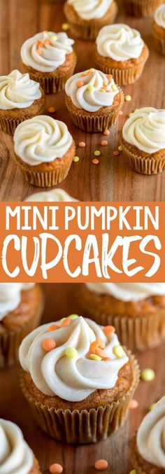 mini pumpkin cupcakes with white frosting and sprinkles on top