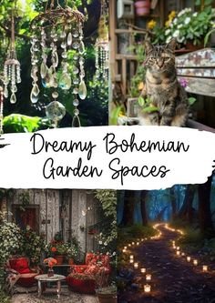 a collage of photos with candles, flowers and cats in the background text reads dreamy bohemian garden spaces