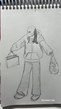 a pencil drawing of a person holding two bags