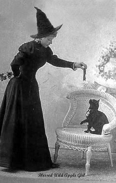 an old photo of a woman dressed as a witch with a cat on her lap