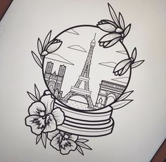 a drawing of the eiffel tower with flowers in it's center circle