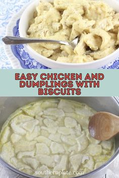 chicken and dumplings with biscuits in a bowl next to a wooden spoon