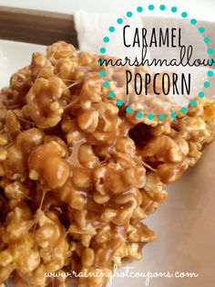 caramel marshmallow popcorn on a plate with text overlay that reads, caramel marshmallow popcorn