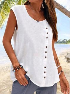 White Casual Round Neck Soild Sleeveless Blouse Cotton Tops Designs, Casual Cotton Top, Robes Vintage, Linen Tank Top, Women Bodycon Dress, Linen Tshirts, Mini Robes, Vintage T Shirts, Linen Casual