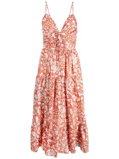 orange white stretch-cotton all-over floral print spaghetti straps V-neck two side inset pockets mid-length Orange Flower Dress, Orange Outfits, Medieval Dresses, Ulla Johnson Dress, Burnt Orange Dress, Orange Outfit, Vintage Silhouette, Floral Print Midi Dress, Red Midi Dress