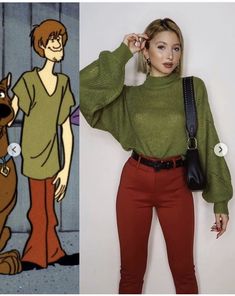 woman in green sweater and red pants next to cartoon character