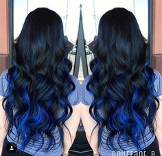 Black With Blue Tips Hair, Black And Blue Balayage Hair, Blue And Brunette Hair, Black And Dark Blue Hair Underneath, Black Hair With Blue Lowlights, Black With Blue Underneath Hair, Black And Blue Hair Underneath, Royal Blue Highlights, Blue To Black Hair Ombre