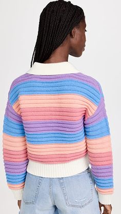 English Factory Rainbow Striped Knit Top | SHOPBOP Casual Multicolor Sweater With Ribbed Collar, Trendy Spring Polo Sweater With Ribbed Collar, Trendy Polo Sweater With Ribbed Collar For Spring, Trendy Knit Polo Sweater, Trendy Knit Polo Sweater With Ribbed Collar, Trendy Ribbed Collared Polo Sweater, Spring Striped Sweater With Ribbed Collar, Trendy Ribbed Knit Polo Sweater, Winter Striped Collared Sweater