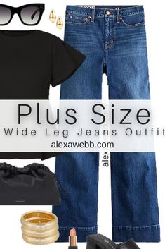 How to Wear Plus Size Wide Leg Jeans - A plus size casual outfit idea with wide leg jeans and a black peplum top. Alexa Webb Plus Size Black Jeans Outfit, Wide Leg Jeans Outfit Plus Size, Wide Leg Pants Outfit Plus Size, Bodysuit Outfit Plus Size, Plus Size Wide Leg Pants Outfit, Wide Leg Black Pants Outfit, Outfits With Wide Leg Jeans, Wide Leg Jean Outfits, Plus Size Wide Leg Jeans