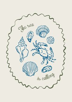 a plate with shells and scallops on it, says the sea is calling