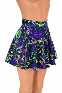 "This item is made to order, please read all the way through the listing before purchasing! This skirt features a super bright array of neon futuristic colors that meld together in a chemical explosion of awe! This wicked awesome skirt is full circle cut, so it whirls and twirls with flirty movement. It is made of four way stretch lycra spandex. It has a soft, spandex waistband (elastic free) that sets at the natural waist or snugs down at the hips if you prefer it low. Womens Sizing (See below Rave Mini Skirt For Spring, Fitted Rave Mini Skirt For Spring, Spring Rave Fitted Skirt, Fitted Rave Skirt For Spring, Fitted Green Bottoms For Rave, Spring Fitted Rave Skirt, Fitted Green Skirt For Festival, Summer Rave Mini Skirt, Fitted Multicolor Skort For Party